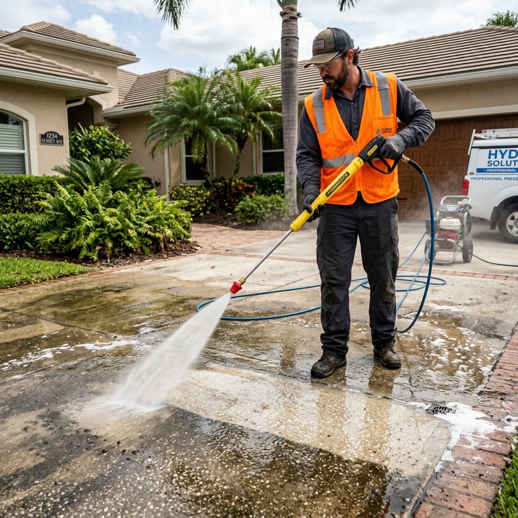 Professional pressure washing technician cleaning a concrete driveway